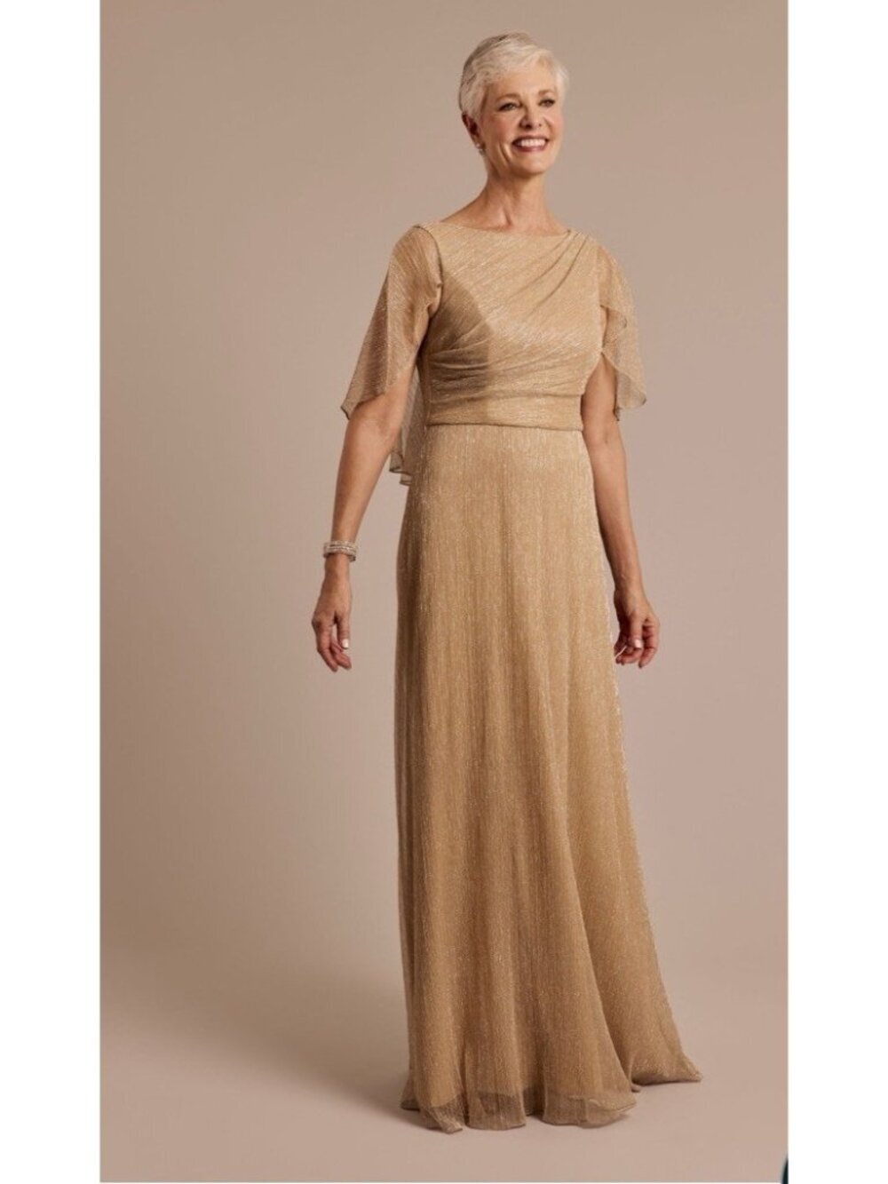 OLEG CASSINI maxi dress gold capelet 8 formal cocktail metallic wedding party
